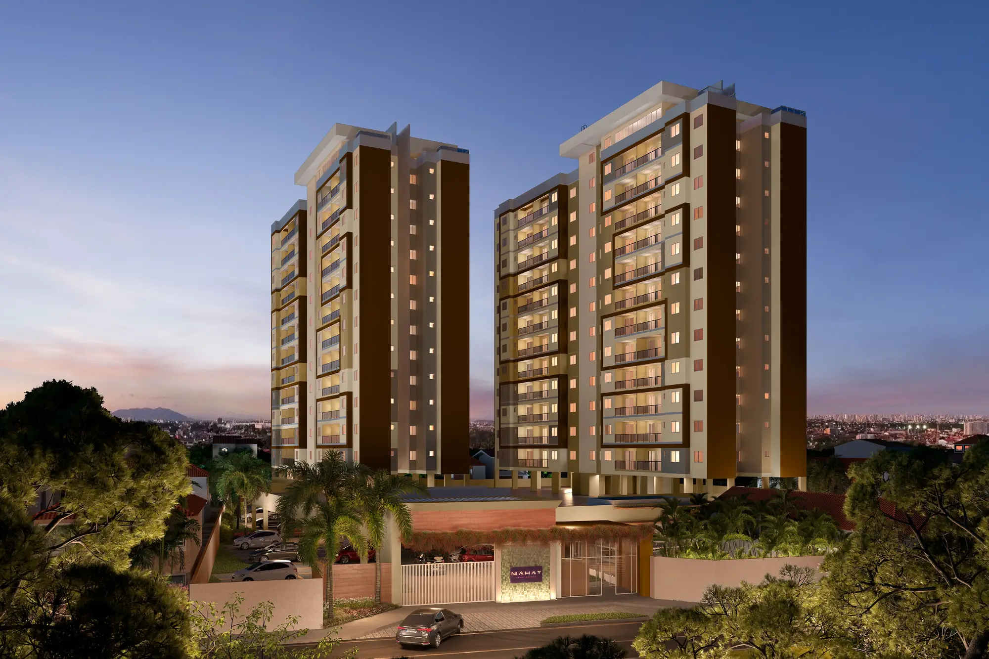 Fachada do Mahay Home Resort ao entardecer, com as duas torres iluminadas