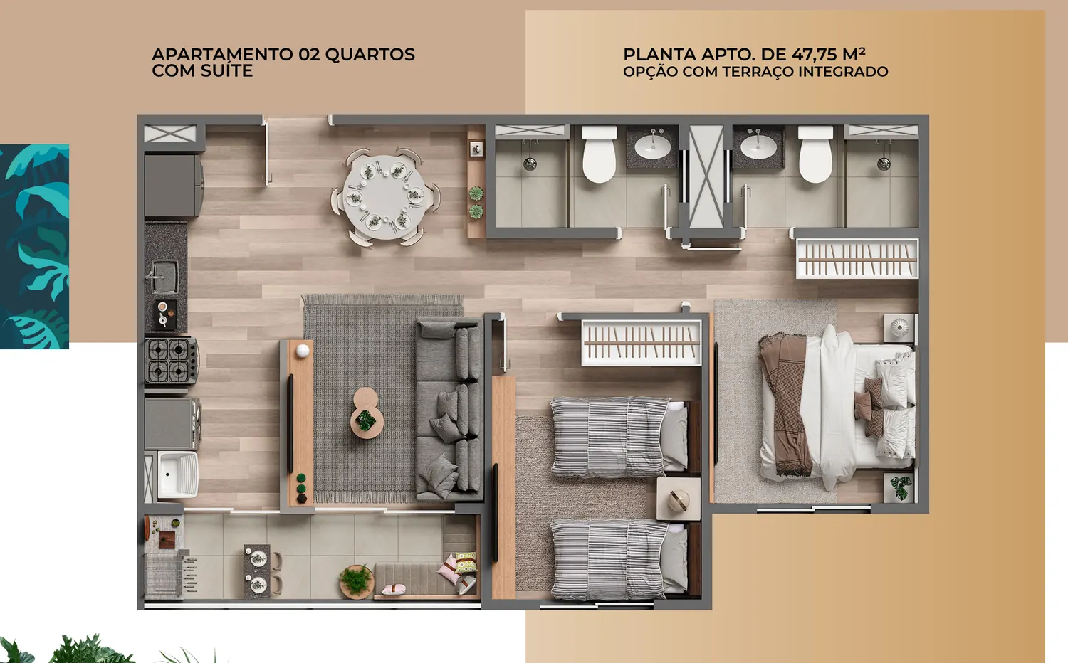 Planta do apartamento de 2 quartos com suíte, 47,75 m²